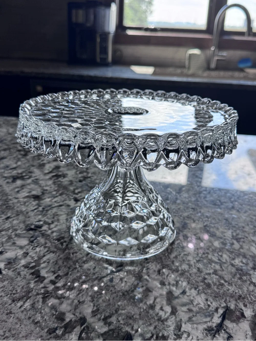 Fostoria American #2056 Clear Old Round Glass Pedestal Cake Stand With Rum Well